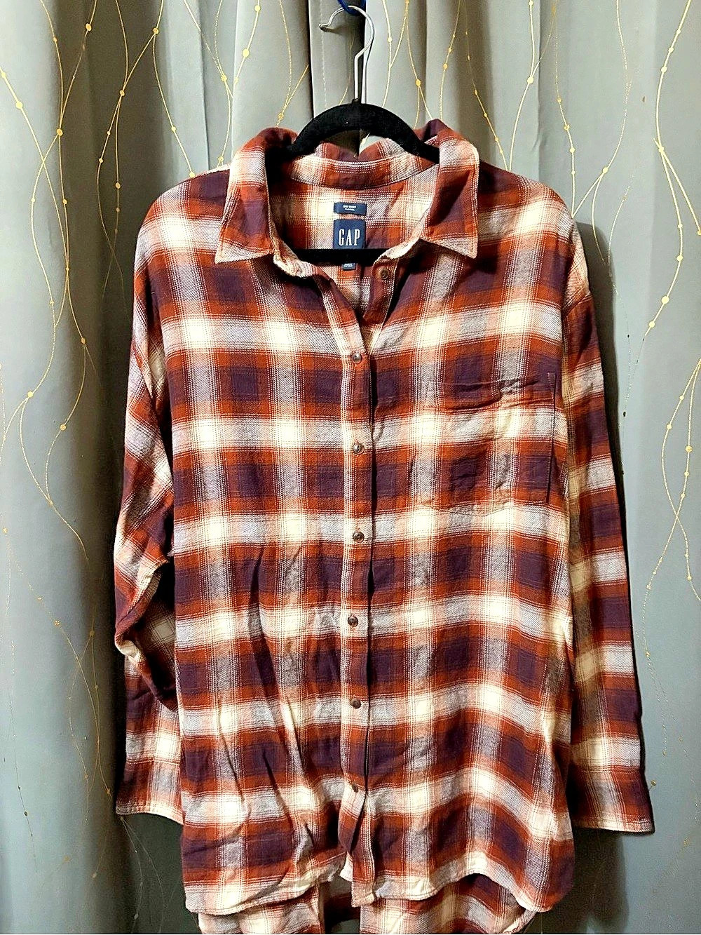 Gap Big Shirt Flannel Plaid Button Down in Brown & White XXL Like New